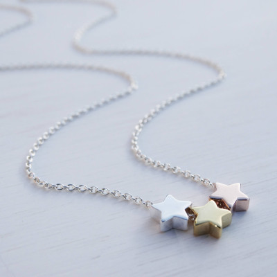 3 Stars Necklace, Sterling Silver, Gold & Rose Gold