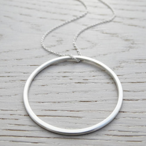 Big Silver Circle Pendant - Long Necklace - Sterling Silver