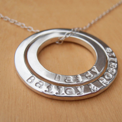Double Silver Circle Necklace With Hand Stamped Names - Shiny Finish - Sterling Silver