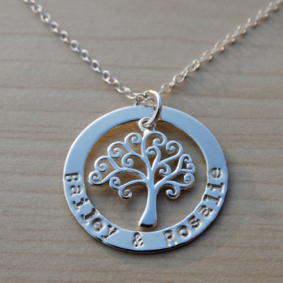 Family Tree Necklace - Silver Circle With Stamped Names & Curly Tree - Sterling Silver