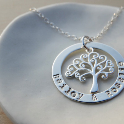 Family Tree Necklace - Silver Circle With Stamped Names & Curly Tree - Sterling Silver