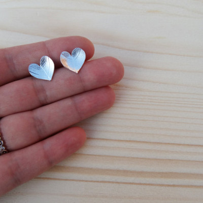 Leaf Imprinted Silver Heart Stud Earrings - Sterling Silver