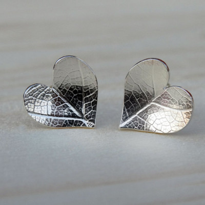 Leaf Imprinted Silver Heart Stud Earrings - Sterling Silver