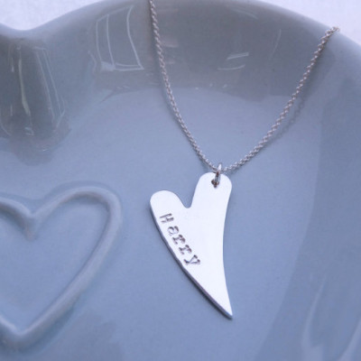 Long Silver Heart Necklace With Stamped Name - Sterling Silver
