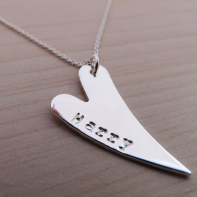 Long Silver Heart Necklace With Stamped Name - Sterling Silver