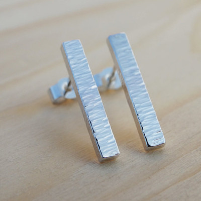 Silver Bar Studs - Textured Sterling Silver Earrings