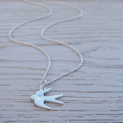 Silver Bird Necklace - Heart - Swallow - Sterling Silver