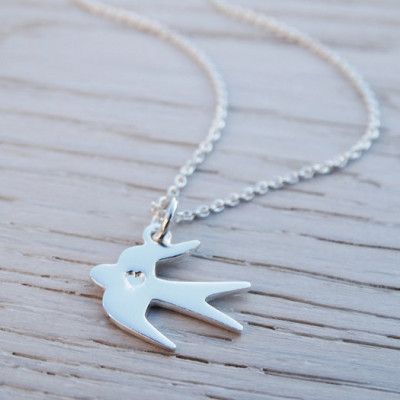 Silver Bird Necklace - Heart - Swallow - Sterling Silver