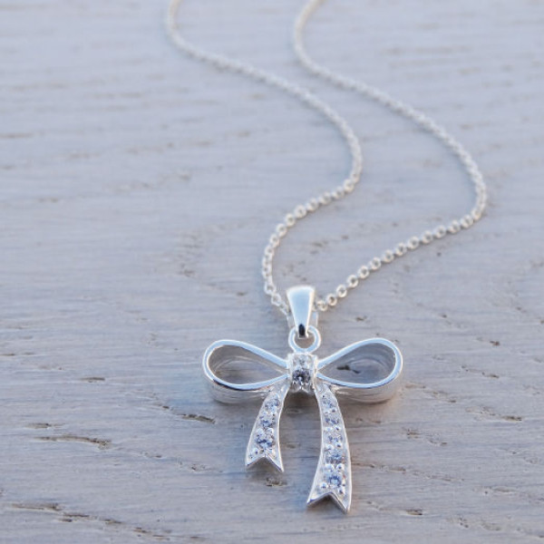 Silver Bow Necklace With Cubic Zirconia - Sterling Silver