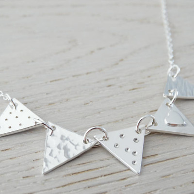 Silver Bunting Necklace, Heart, 5 Flags, Sterling Silver