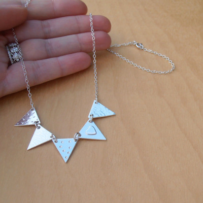 Silver Bunting Necklace, Heart, 5 Flags, Sterling Silver