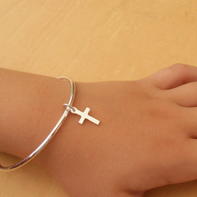 Silver Christening Bracelet - Sterling Silver Children's Bangle With Cross