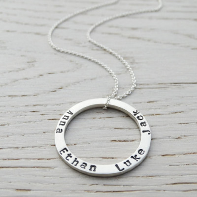 Silver Circle Necklace With Hand Stamped Names - Personalised Necklace - Sterling Silver