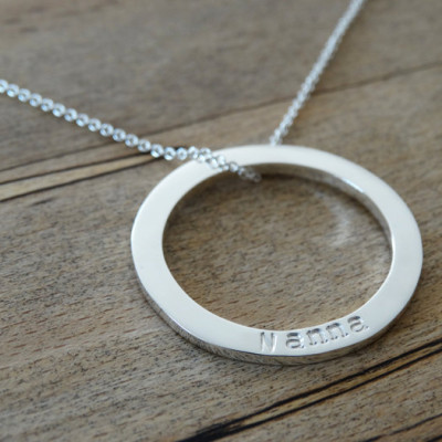 Silver Circle Necklace With Hand Stamped Names - Shiny Finish - Sterling Silver
