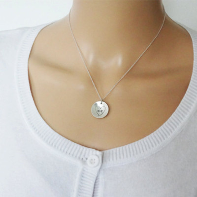 Silver Circle Necklace With Heart & Intials - Sterling Silver