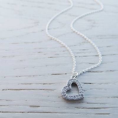 Silver Diamond Heart Necklace - Sterling Silver - Diamonds