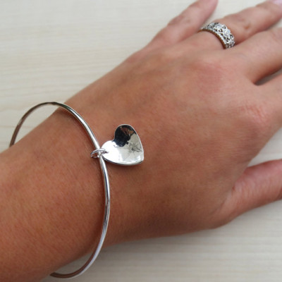 Silver Heart Bangle - Hammered Heart - Sterling Silver