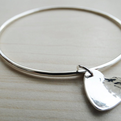 Silver Heart Bangle - Hammered Heart - Sterling Silver