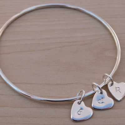 Silver Heart Bangle With Initials, Sterling Silver