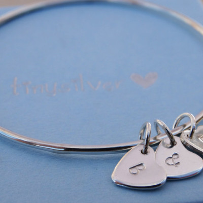 Silver Heart Bangle With Initials, Sterling Silver