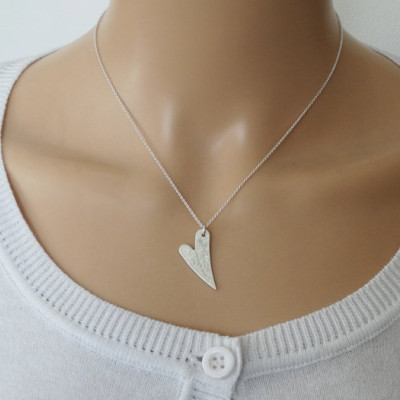 Silver Heart Necklace - Elongated Heart - Hammered - Sterling Silver