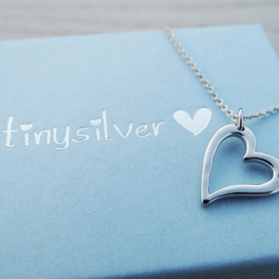 Silver Heart Necklace With Diamond - Sterling Silver