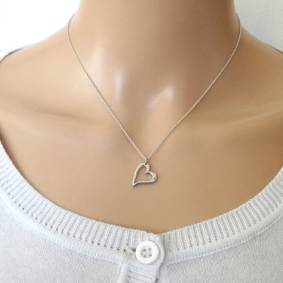 Silver Heart Necklace With Diamond - Sterling Silver