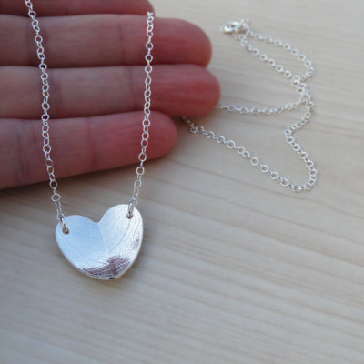 Silver Heart Necklace With Leaf Pattern - Sterling Silver