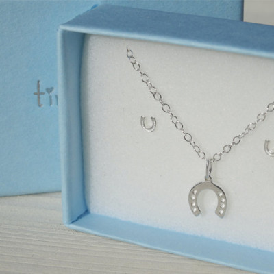 Silver Horseshoe Necklace & Tiny Silver Horseshoe Stud Earrings Set - Sterling Silver