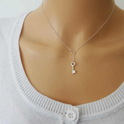 Silver Lariat Necklace Heart & Key - Sterling Silver