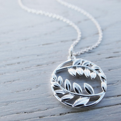 Silver Leaf Necklace, Circle Pendant, Sterling Silver