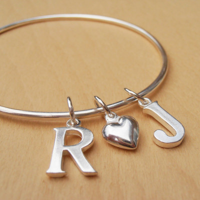 Silver Monogram Bangle With 2 Initials & Silver Heart - Personalized Wedding Or Engagement Gift, Children's Names - Sterling Silver