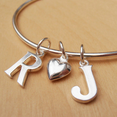 Silver Monogram Bangle With 2 Initials & Silver Heart - Personalized Wedding Or Engagement Gift, Children's Names - Sterling Silver