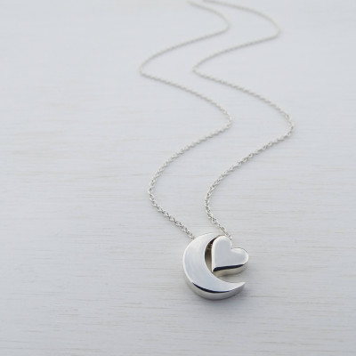 Silver Moon & Heart Necklace, Sterling Silver, Love You To The Moon And Back
