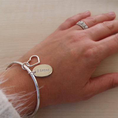 Silver 'Sister' Bangle & Heart - Sterling Silver