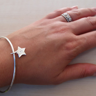Silver Star Bangle With Initials, Sterling Silver