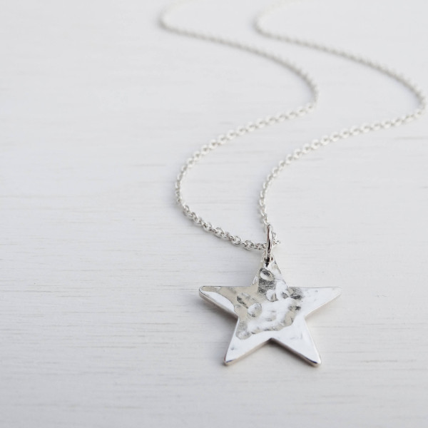 Silver Star Necklace, Hammered Finish, Sterling Silver