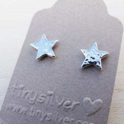 Silver Star Stud Earrings - Hammered Finish - Sterling Silver