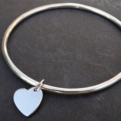 Solid Silver Bangle & Heart - Sterling Silver