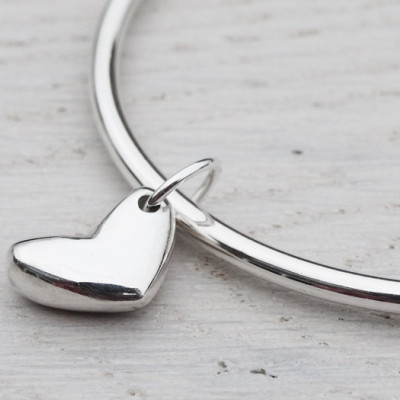 Solid Silver Bangle & Heart - Sterling Silver