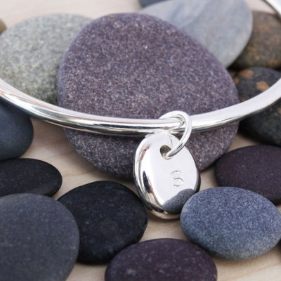 Solid Silver Bangle & Personalised Initial Pebble - Sterling Silver