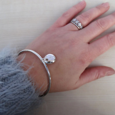 Solid Silver Bangle & Personalised Initial Pebble - Sterling Silver