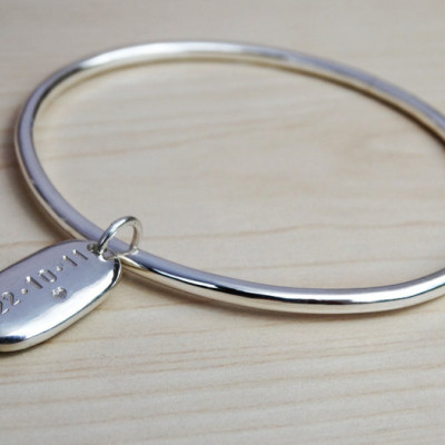 Solid Silver Bangle & Personalised Pebble - Sterling Silver