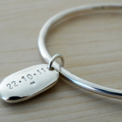 Solid Silver Bangle & Personalised Pebble - Sterling Silver