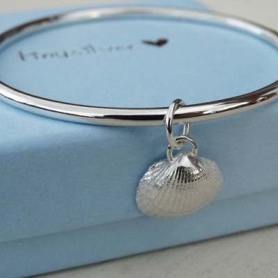 Solid Silver Bangle & Silver Clam Seashell - Sterling Silver