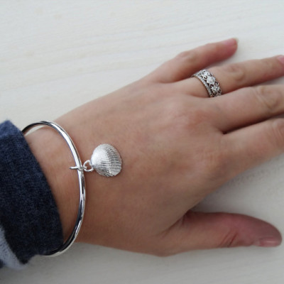 Solid Silver Bangle & Silver Clam Seashell - Sterling Silver