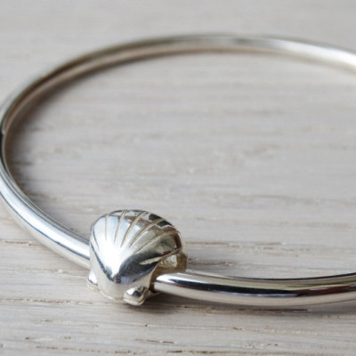 Solid Silver Bangle & Silver Seashell Bead - Sterling Silver
