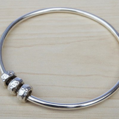 Solid Silver Bangle With Hammered Beads - Sterling Silver