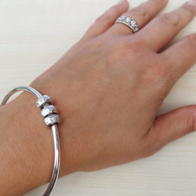Solid Silver Bangle With Hammered Beads - Sterling Silver