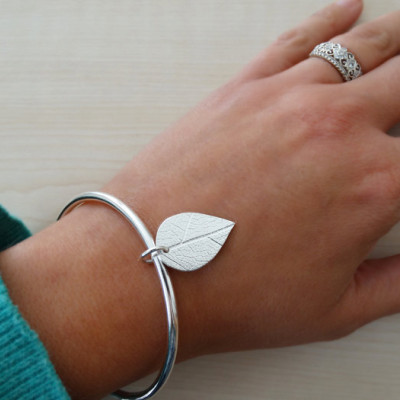 Solid Silver Bangle With Silver Leaf - Sterling Silver